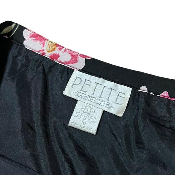 VTG 90s Petite Sophisticate Black & Pink Whimsical Floral Silk Midi Skirt 10/M - Picture 7 of 7